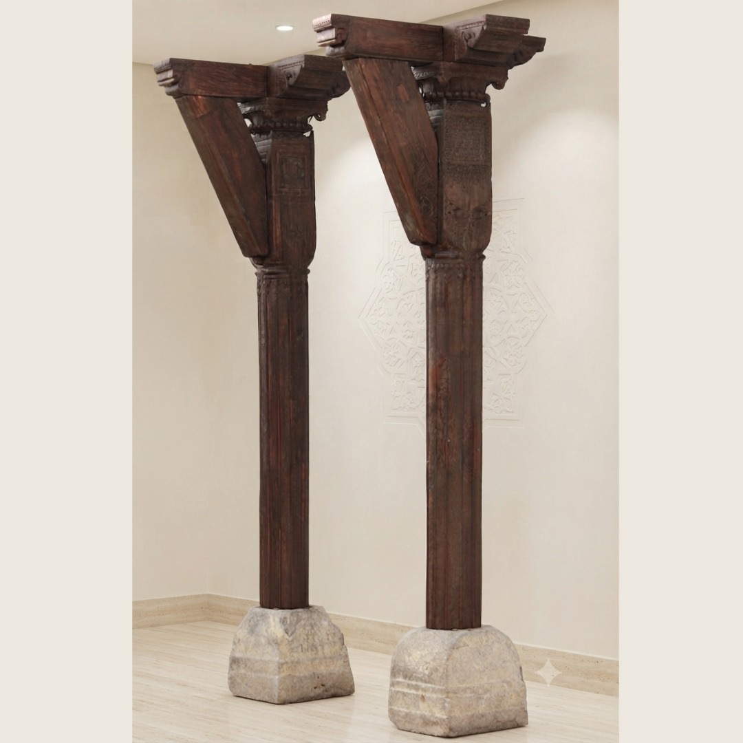 Premium 9.5 Feet Teak Wood Pillars Set of 2 – Handcrafted Durable Decorative Wooden Columns