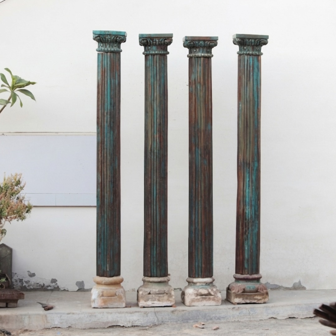 Premium 7.5 Ft Solid Teak Wood Columns Set of 4 – Handcrafted Decorative Wooden Pillars for Home Décor